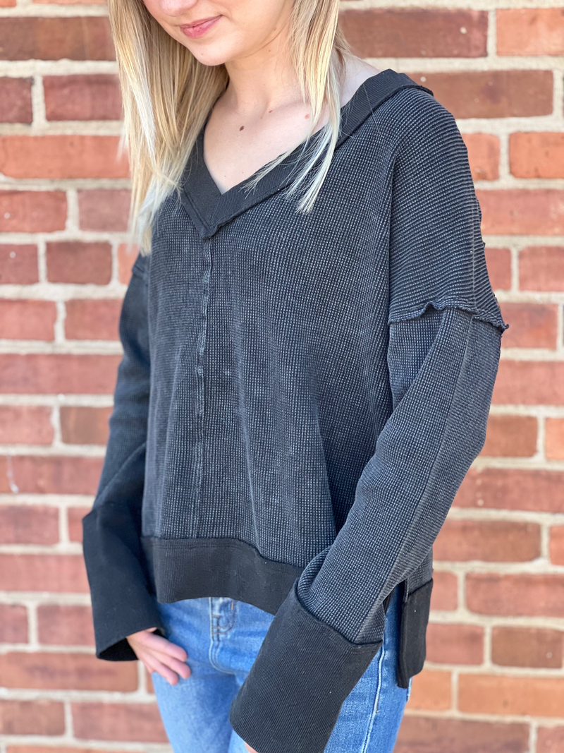 V-neck Washed Thermal Knit Top