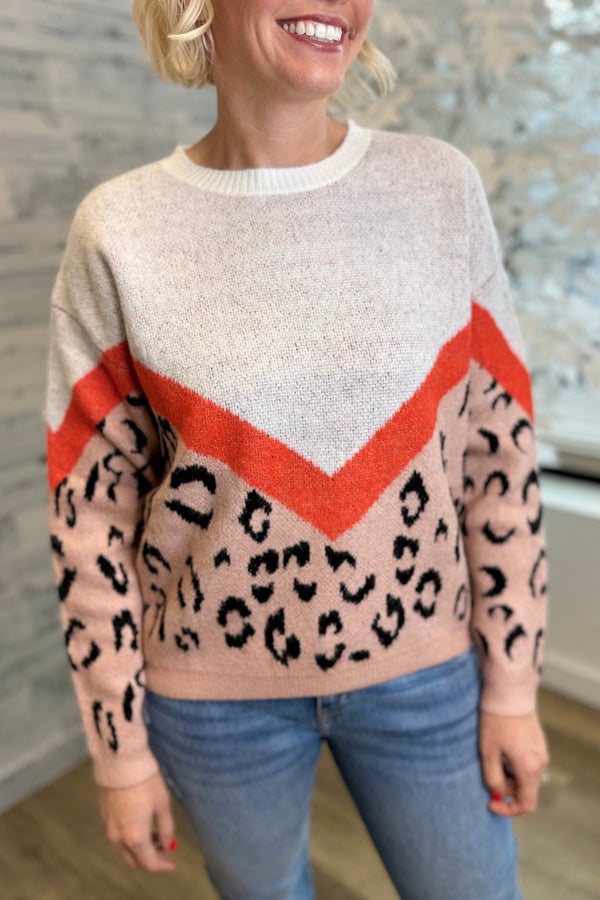 Leopard Colorblock Sweater - Ivory/Salmon