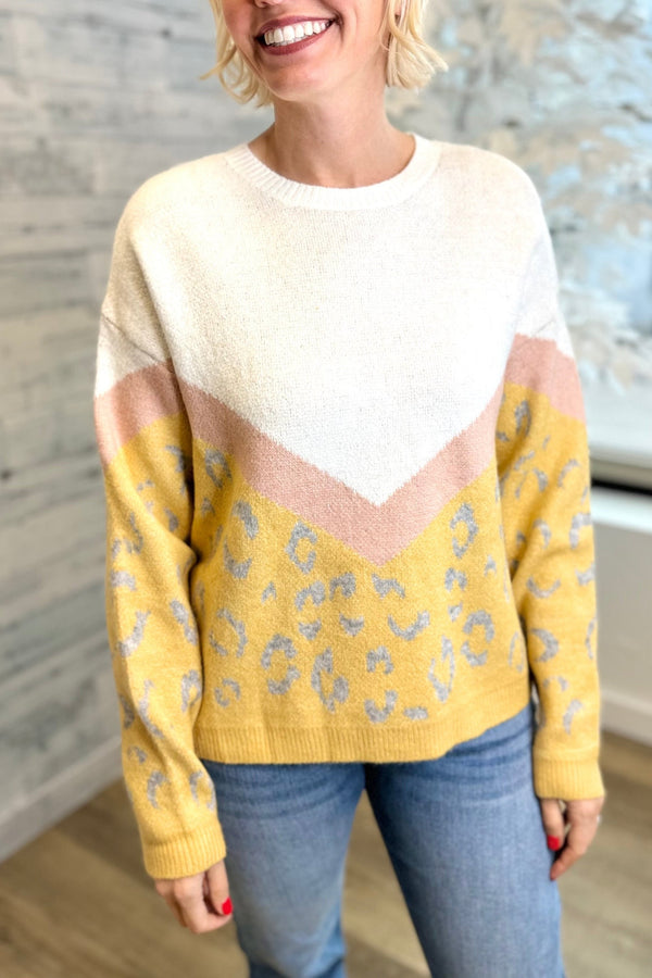 Leopard Colorblock Sweater - Yellow/Pink