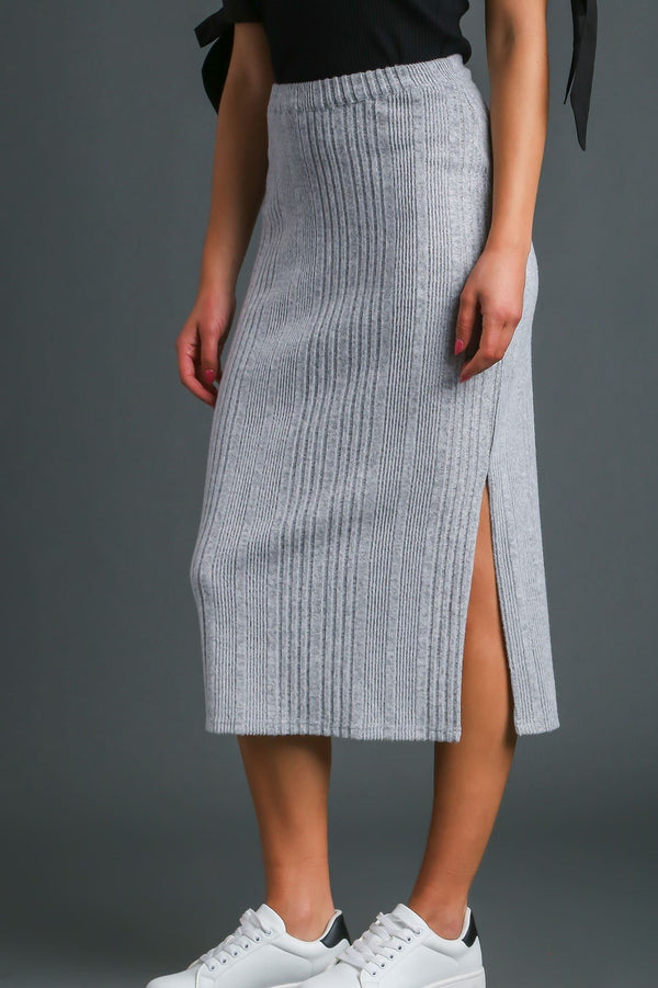 Ribbed Knit Midi Skirt - Grey