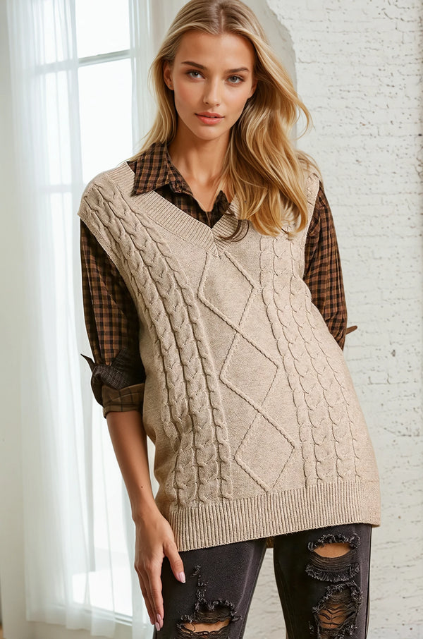 Cable Knit Sweater Vest - Latte