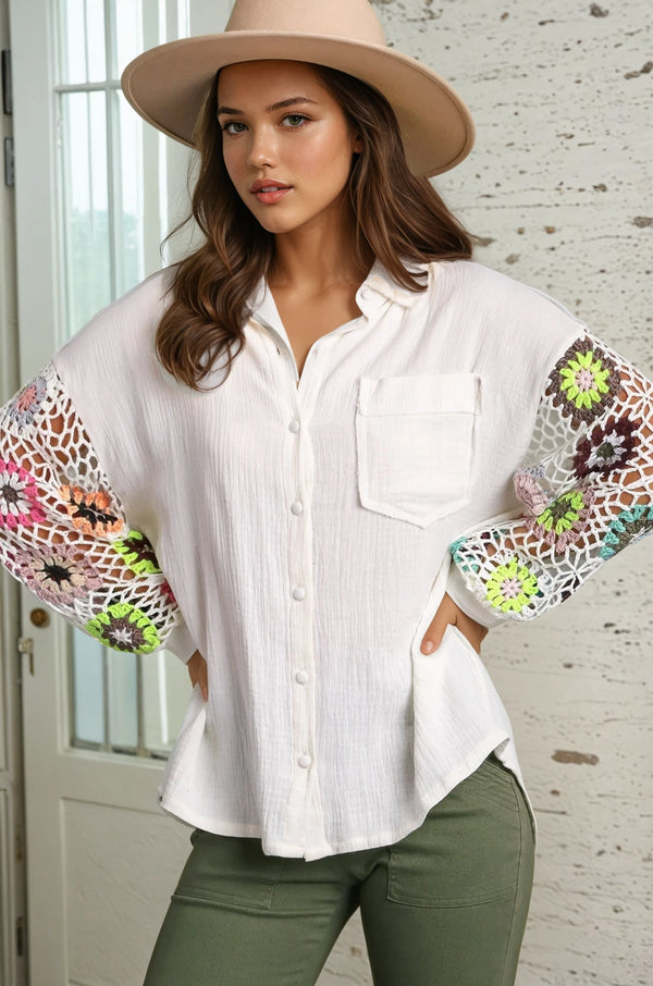 Gauze/Crochet Button Down