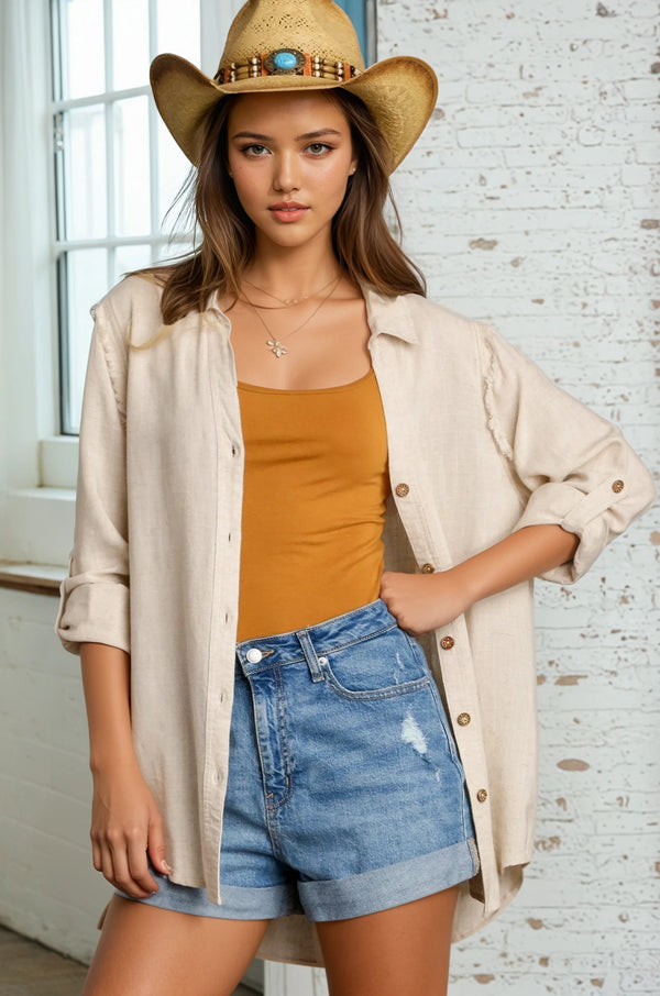 Oatmeal Linen Collared Top