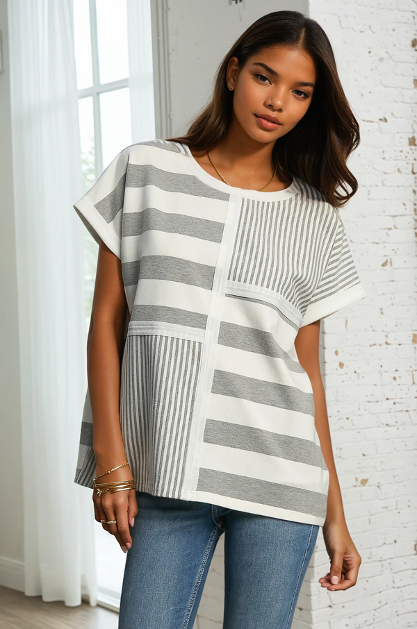 Mixed Stripe Oversized Top-Heather Grey