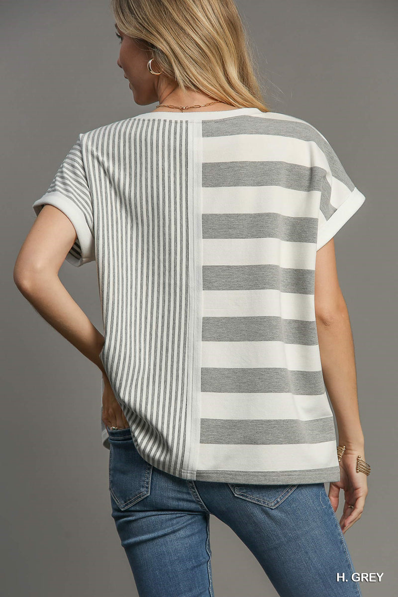 Mixed Stripe Oversized Top-Heather Grey