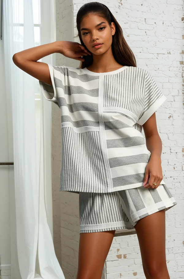Mixed Stripe Shorts - Heather Grey