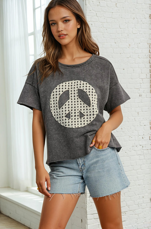Peace Lace Applique Mineral Wash Top