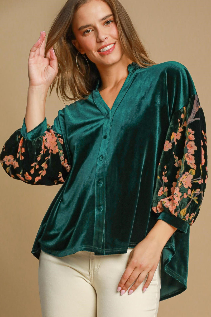 Print Sleeve Velvet Top