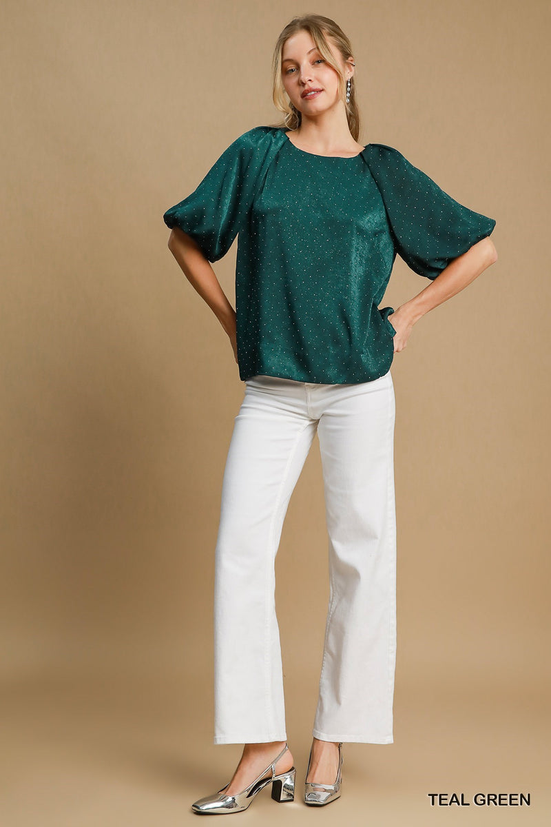 Rhinestone Satin Top - Teal Green