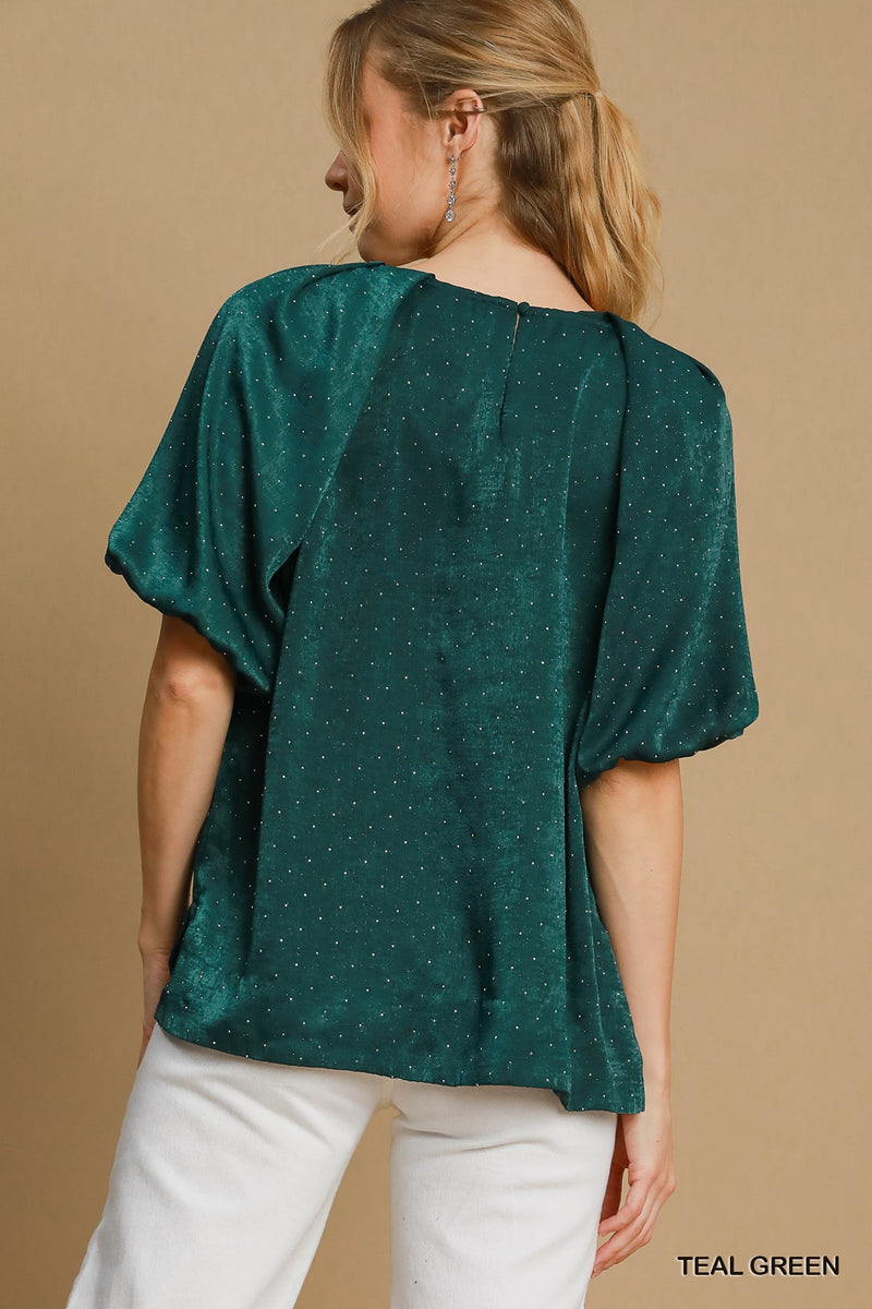 Rhinestone Satin Top - Teal Green