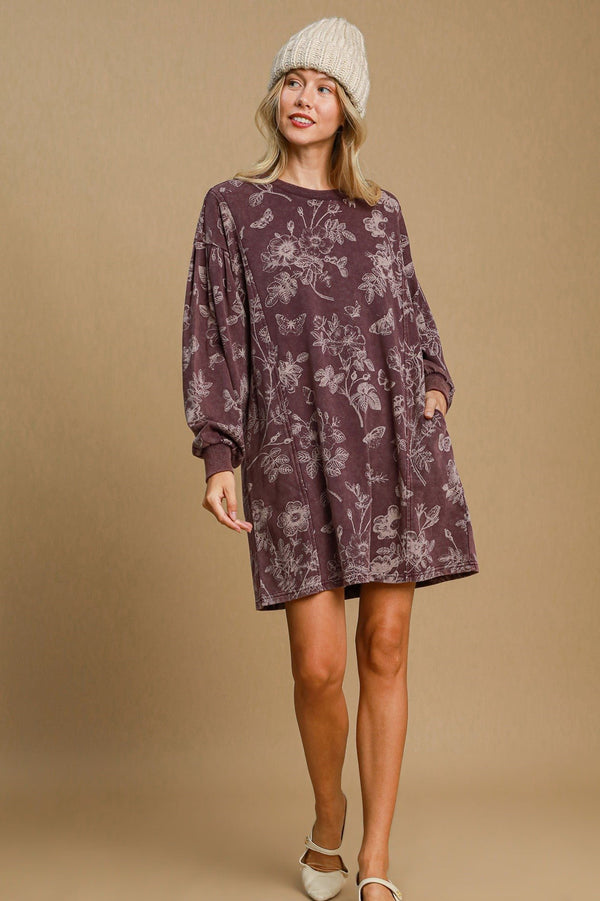 French Terry Floral Dress - Plum