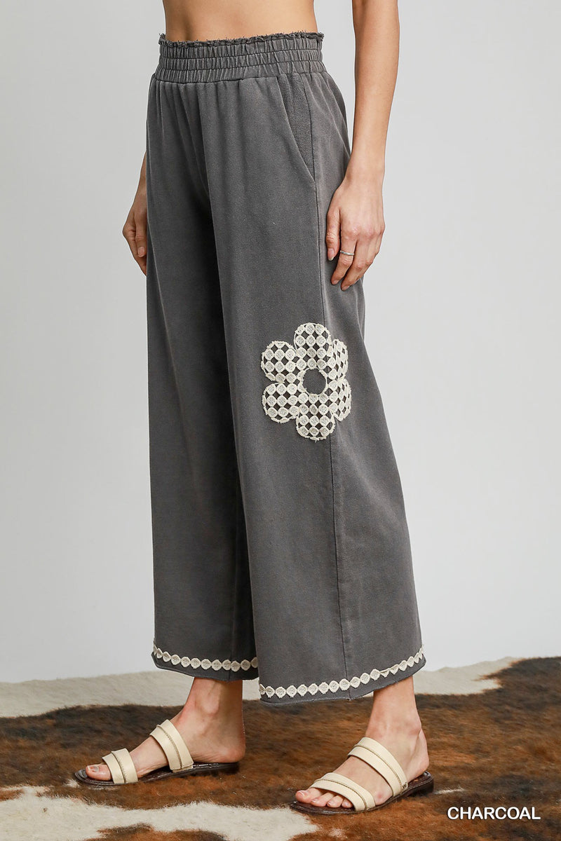 Flower Lace Applique French Terry Pants