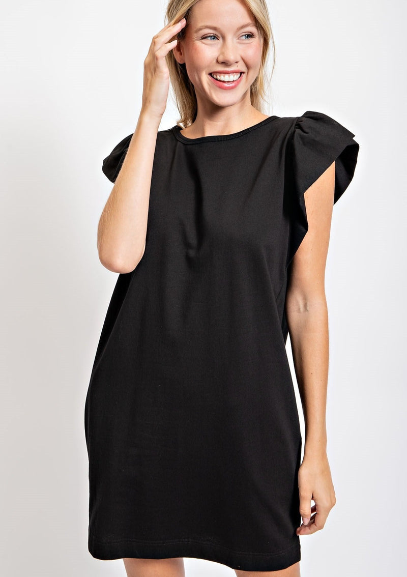 Solid Ruffle Sleeve Dress - Black