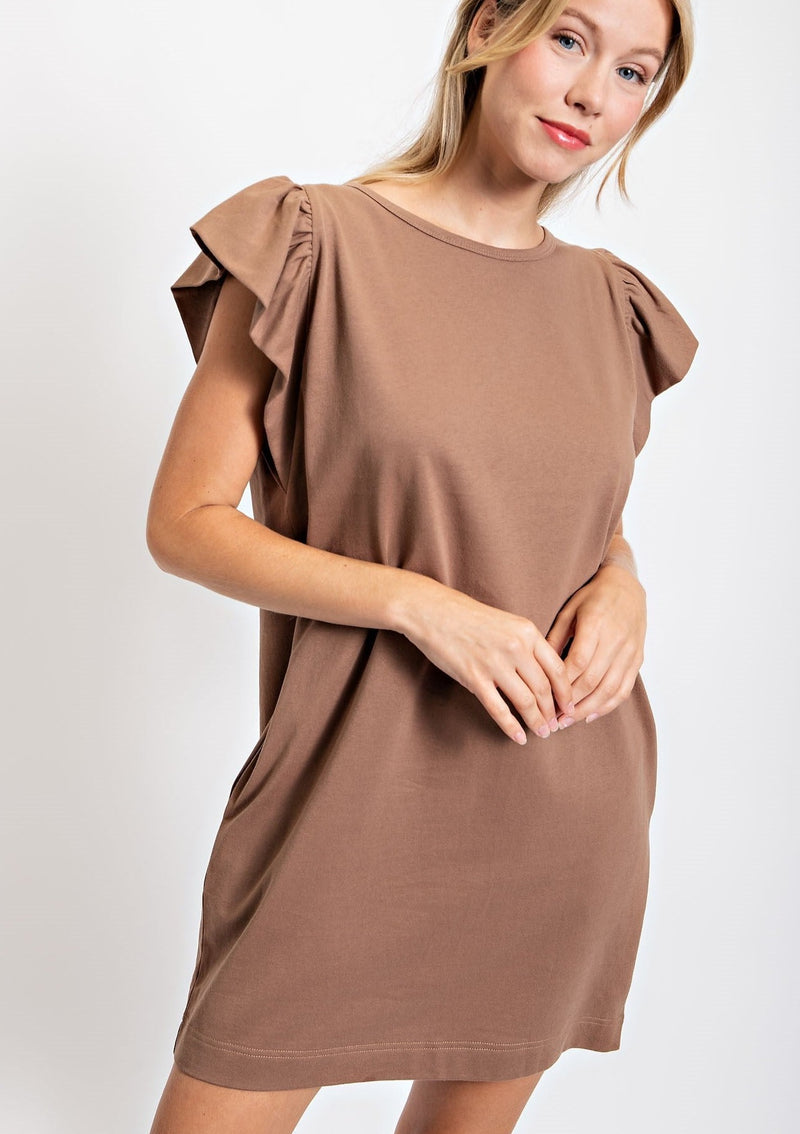 Solid Ruffle Sleeve Dress - Cocoa