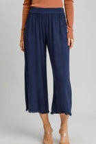 Wide Leg Frayed Hem Pants - Navy