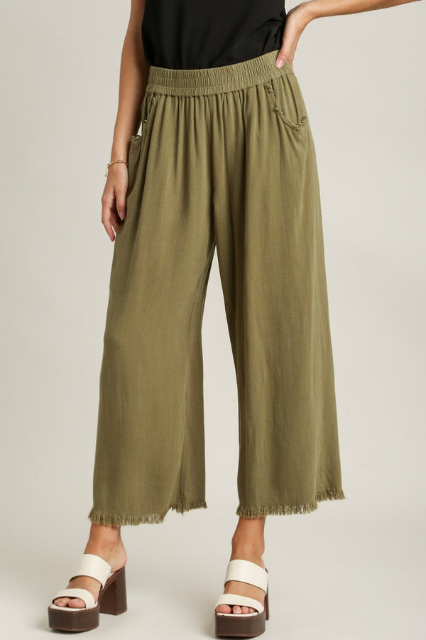 Wide Leg Frayed Hem Pants - Light Olive