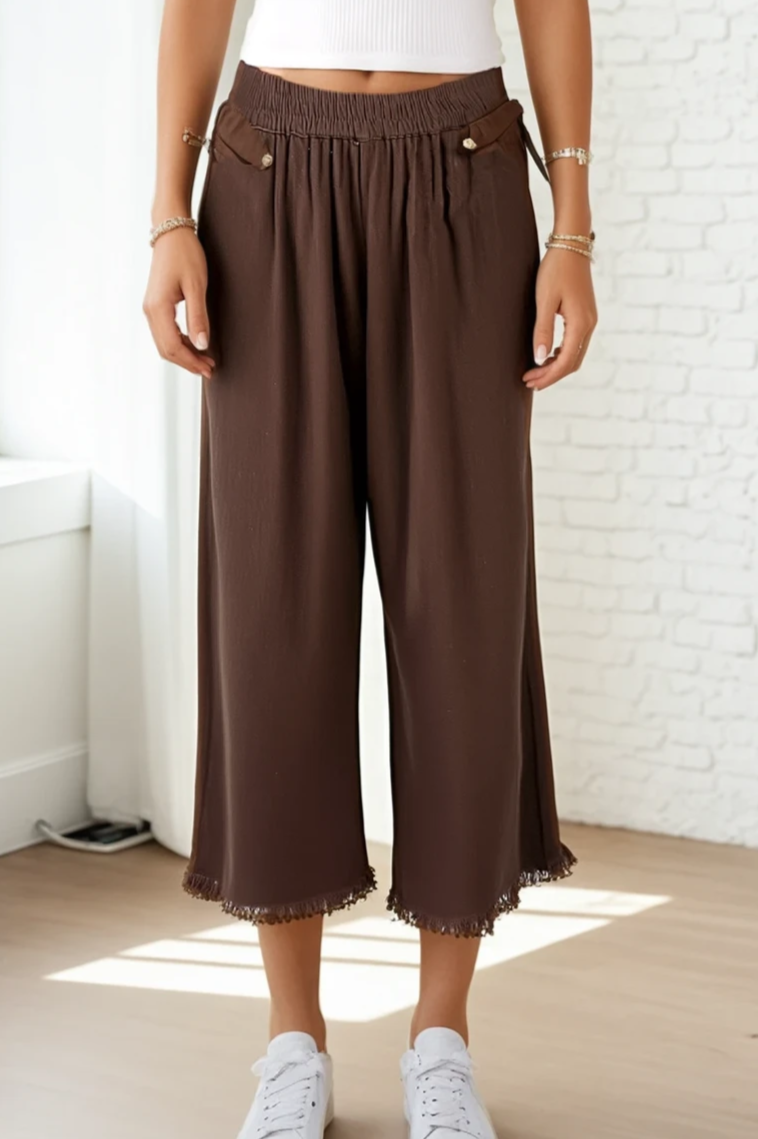 Wide Leg Frayed Hem Pants - Brown
