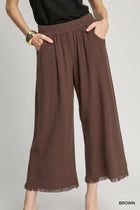 Wide Leg Frayed Hem Pants - Brown