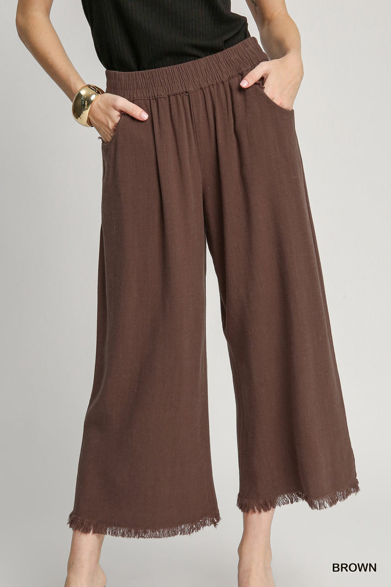 Wide Leg Frayed Hem Pants - Brown