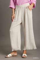Wide Leg Frayed Hem Pants - Oatmeal