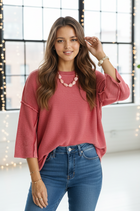 Washed 3/4 Sleeve Sweater - Cabernet