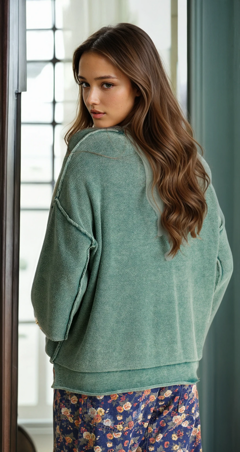 Washed 3/4 Sleeve Sweater - Dark Green