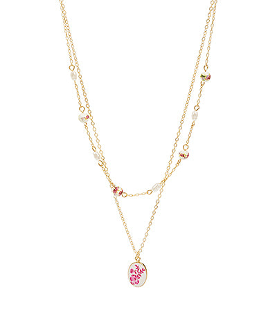 Enamel Floral Pendant & Pearl Layered Necklace - Pink