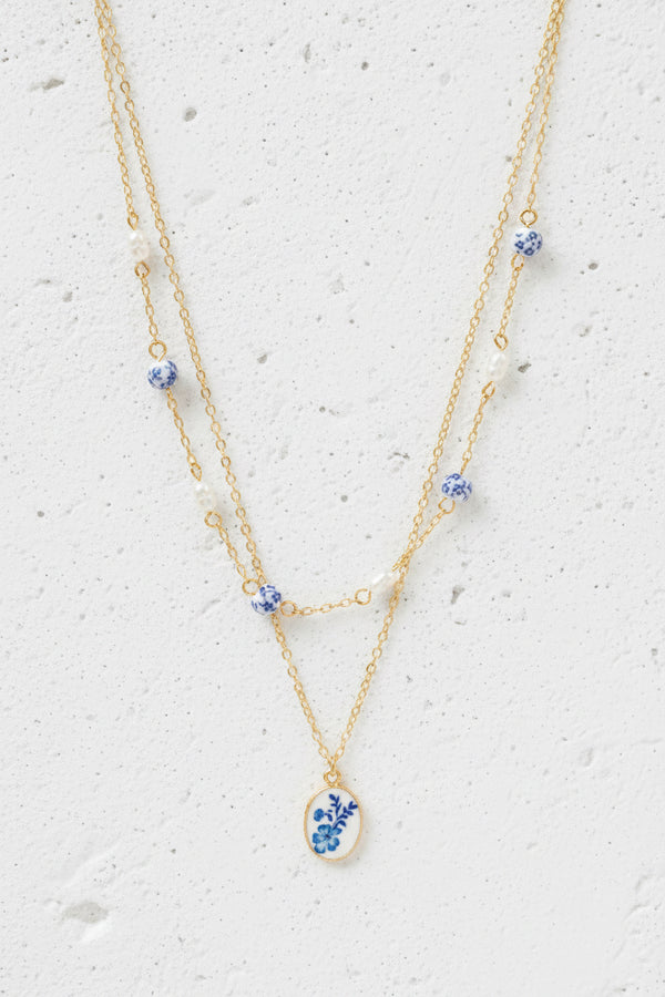 Enamel Floral Pendant & Pearl Layered Necklace - Blue