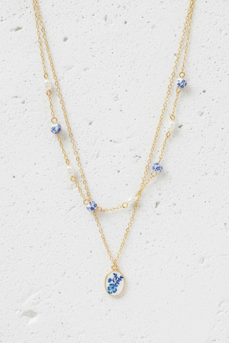 Enamel Floral Pendant & Pearl Layered Necklace - Blue