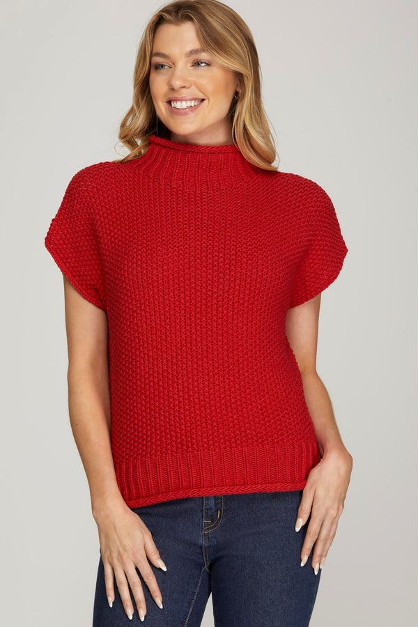 Sleeveless Mock Neck Knit Sweater-Red