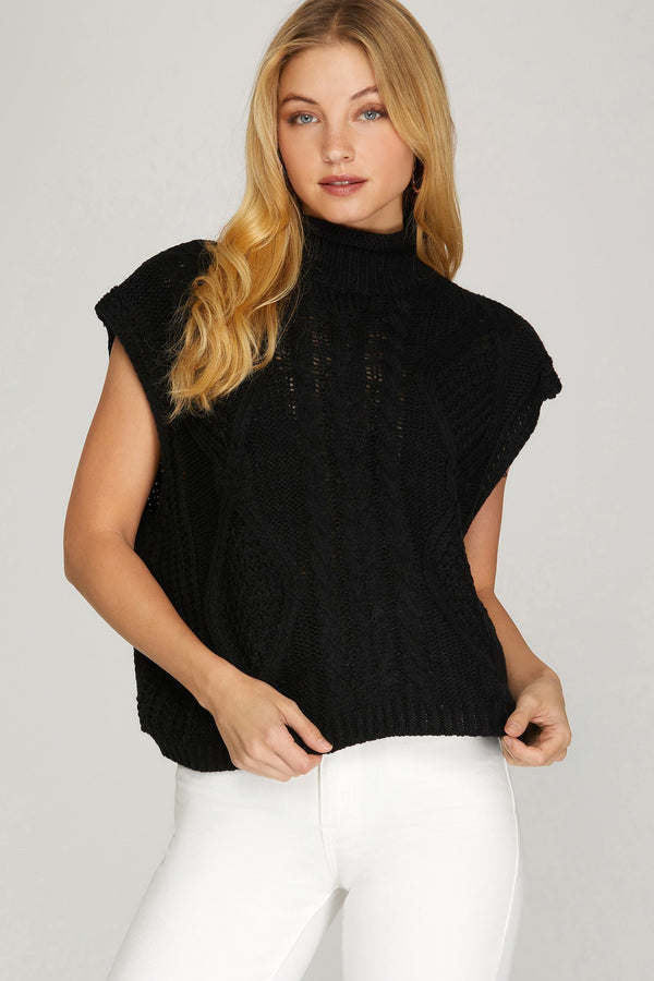 Cable Sweater Vest Top - Black