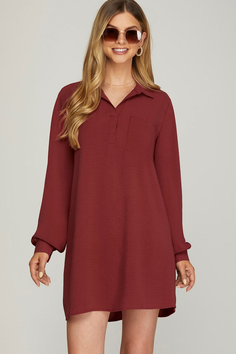 Collared Long Sleeve Woven Dress