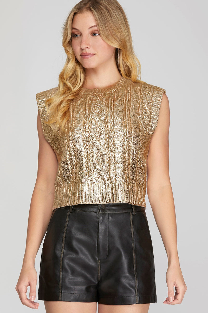 Metallic Foil Sweater Vest - Gold