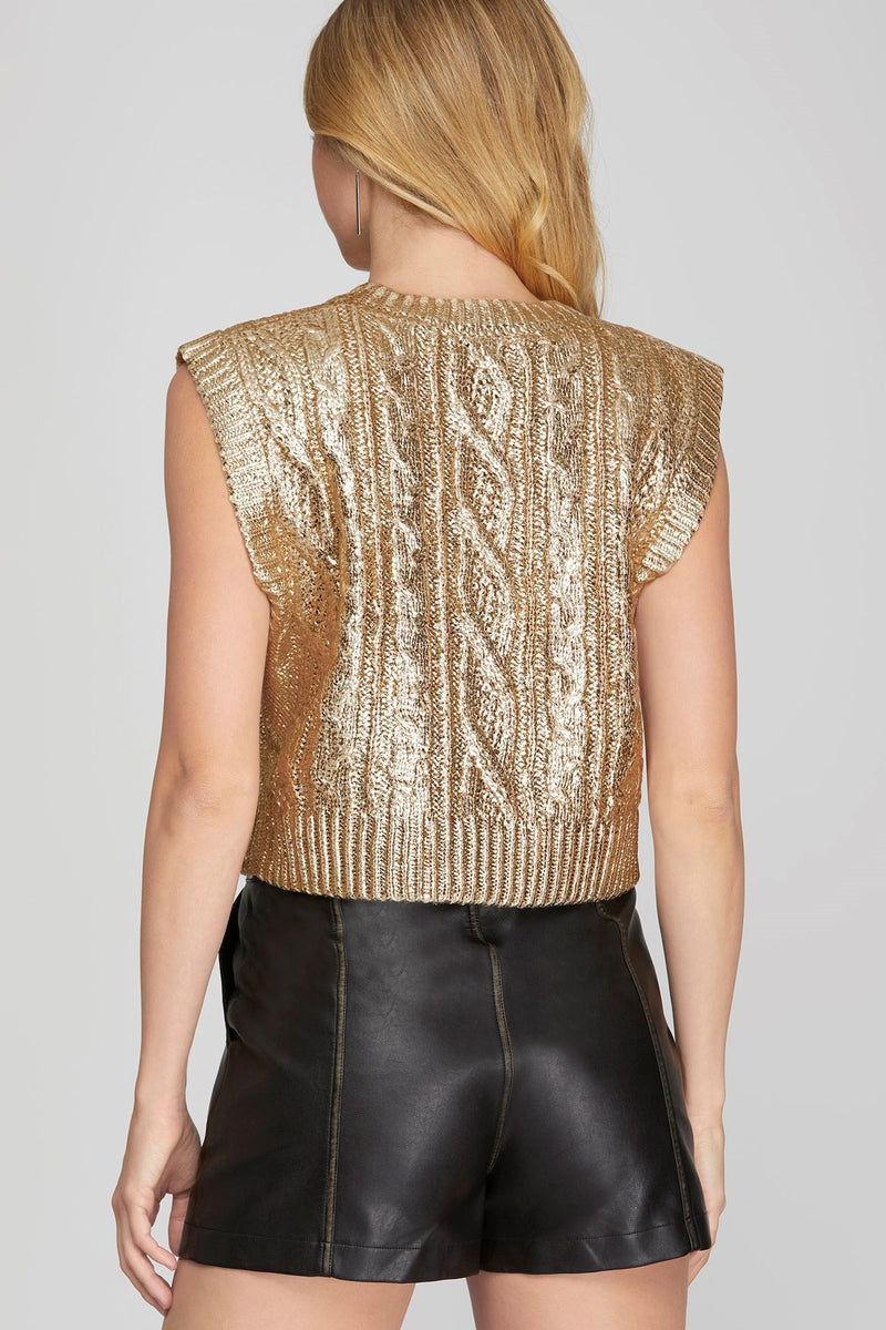 Metallic Foil Sweater Vest - Gold