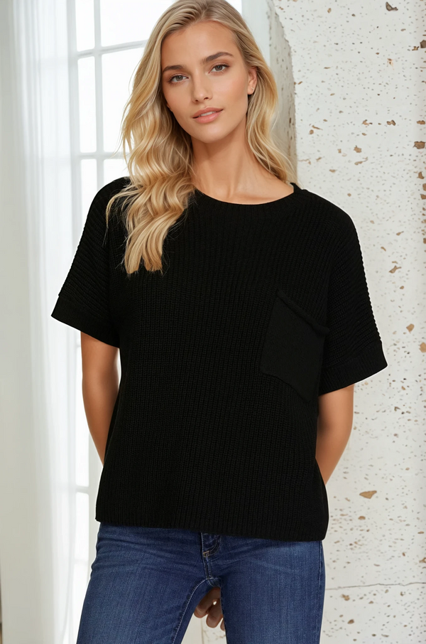 Short Sleeve Sweater Top - Black