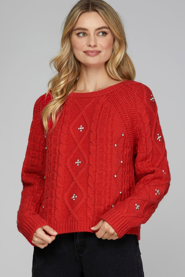 Jewel Detail Sweater-Red