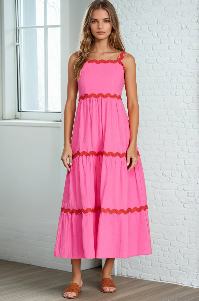 Scallop Trim Midi Dress -Pink