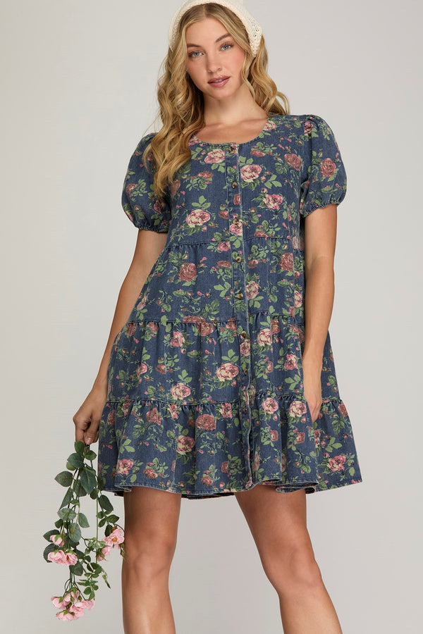 Puff Sleeve Denim Floral Dress