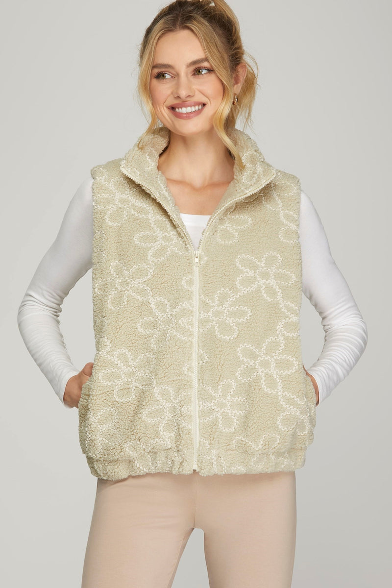 Floral Print Teddy Bear Vest - Stone