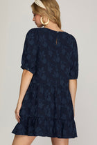 Solid Floral Pattern Dress - Navy