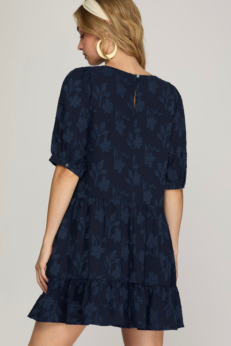 Solid Floral Pattern Dress - Navy