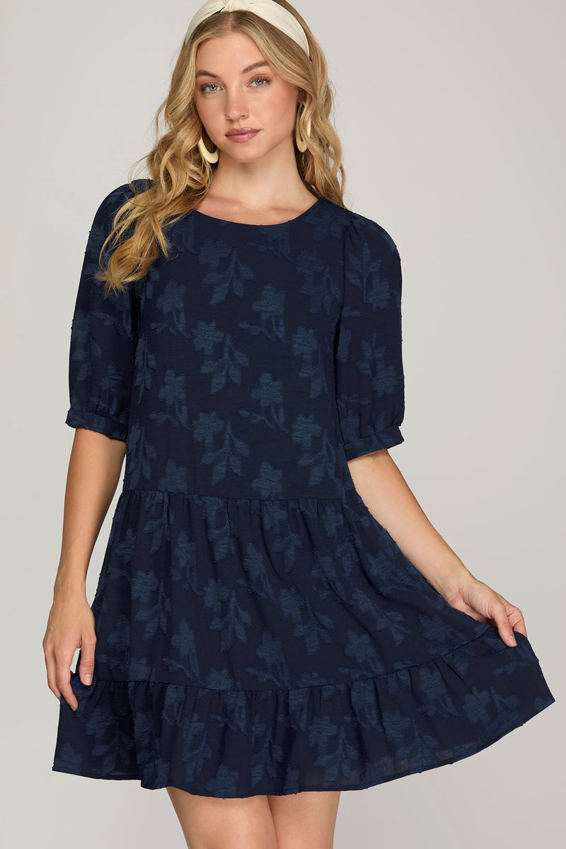 Solid Floral Pattern Dress - Navy