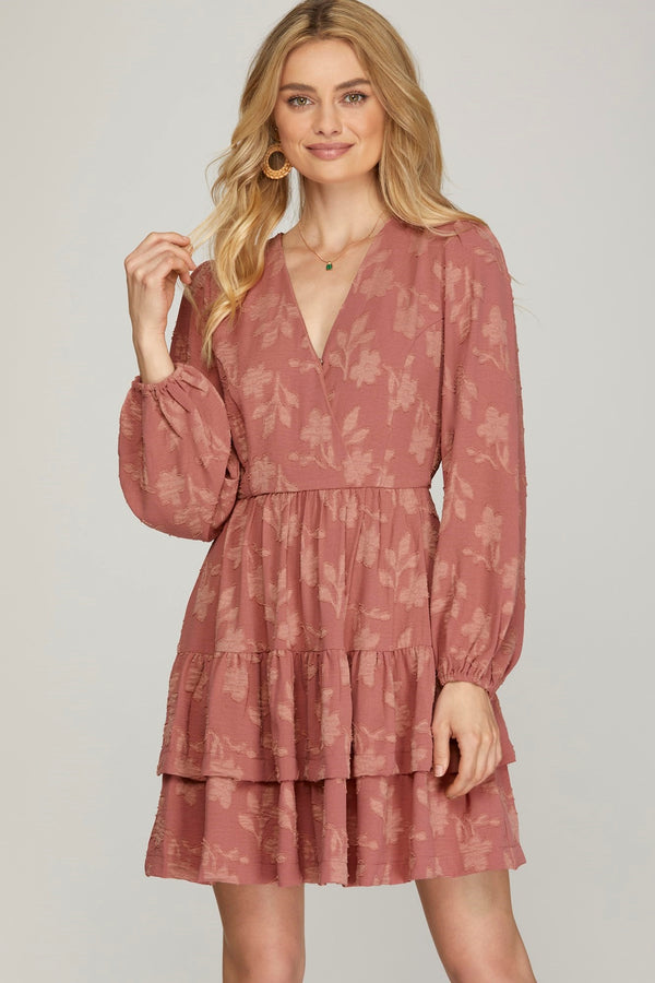 Long Sleeve Solid Floral Dress - Rose