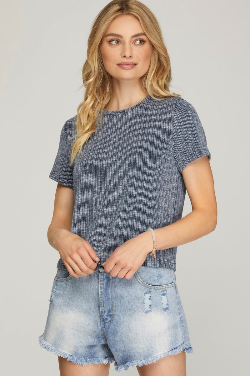 Short Sleeve Ribbed Knit Tee