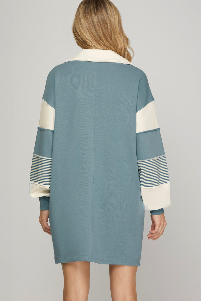 Color Block Sleeve Terry Dress - Blue