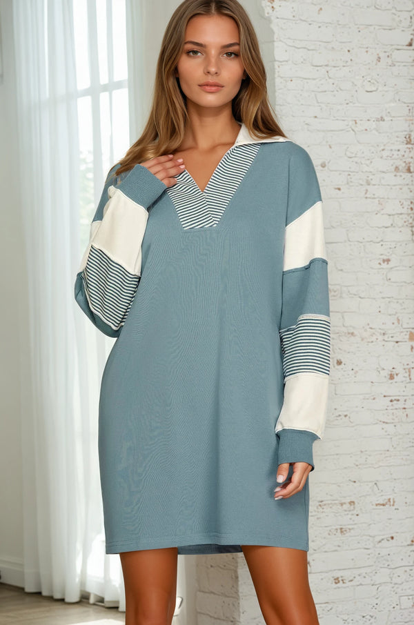 Color Block Sleeve Terry Dress - Blue