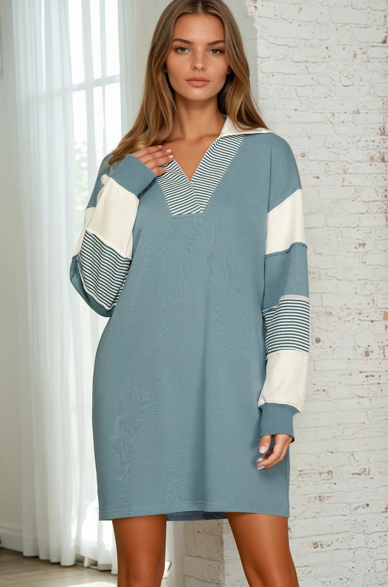 Color Block Sleeve Terry Dress - Blue