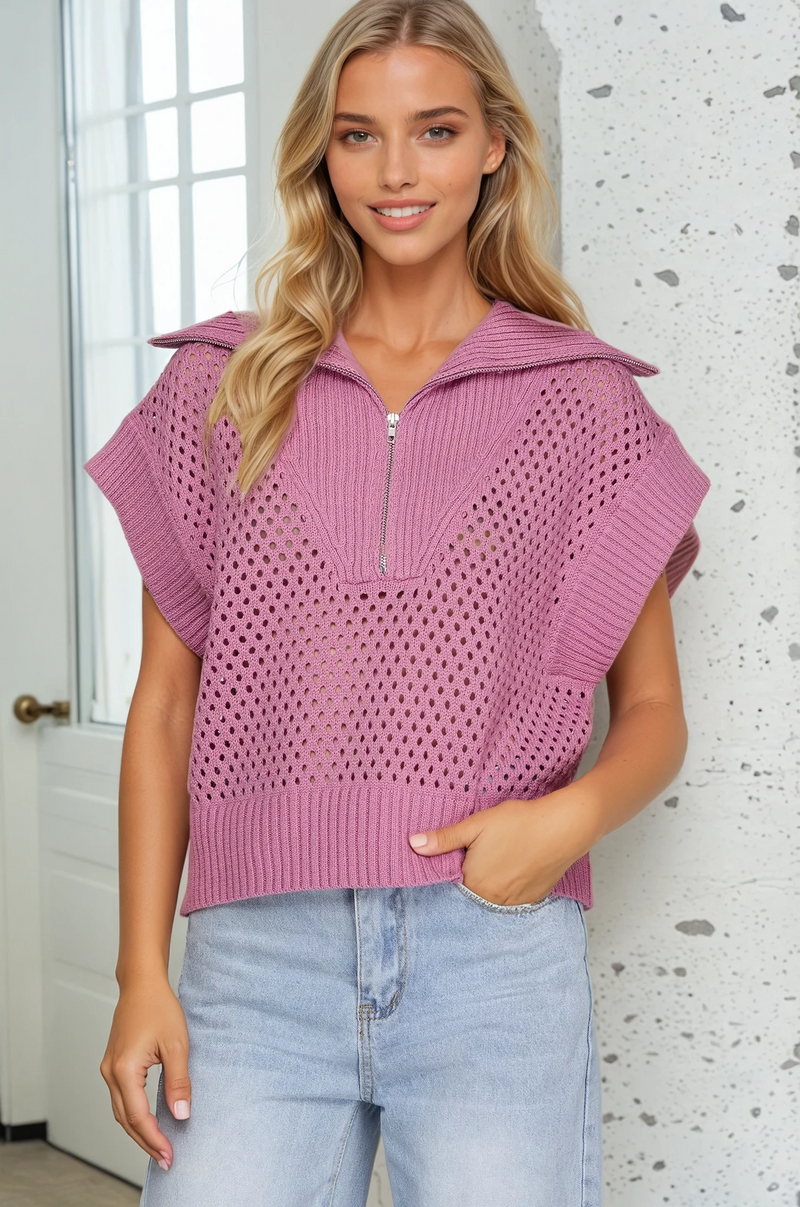 Collared Half-Zip Sweater - Mauve
