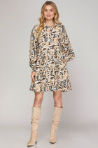 Smocked Balloon Sleeve Printed Dress