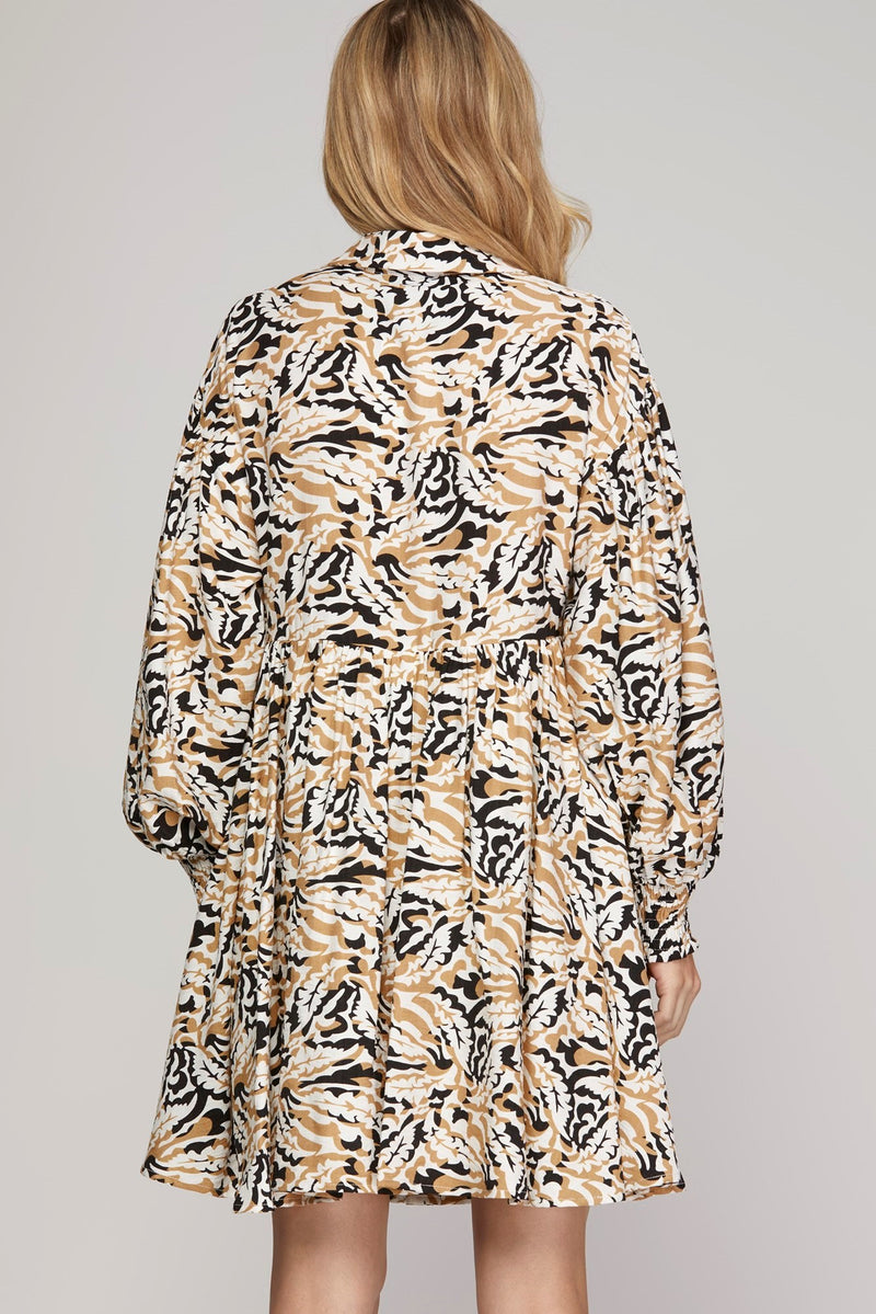 Smocked Balloon Sleeve Printed Dress